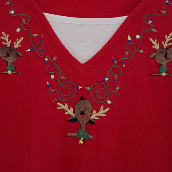 HOLIDAY EDITION?? RED -EMBROIDED/APPLIQUE REINDEER-CHRISTMAS LIGHTS SZ1X/XG(16) - Picture 2 of 9